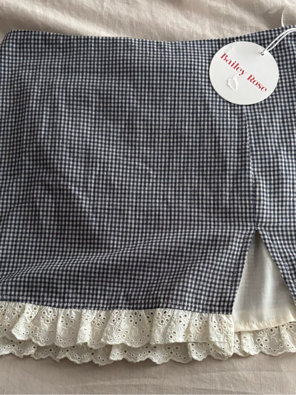 Gingham Lace-Trim Mini Skirt in Navy and White